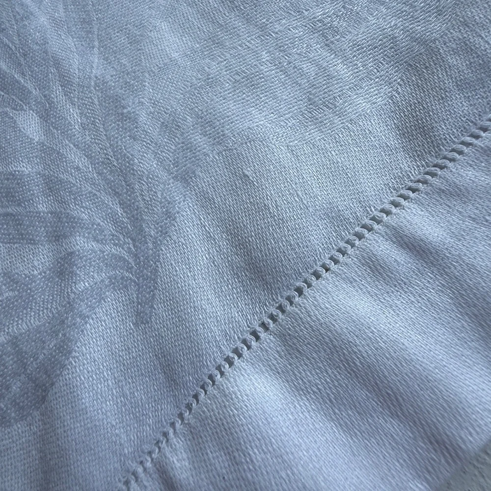 Vintage White Damask Linen Table Runner Floral Hemstitch 20x38